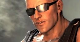 Duke Nukem in a muscular pose, wearing sunglasses and a red tank top, ready for action with explosive gear.