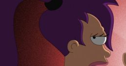 Leela from Futurama with purple hair and a determined expression, showcasing her strong character in a dramatic scene.