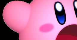 Kirby, the iconic pink character, excitedly opens its mouth, ready to inhale enemies in a vibrant, colorful pose.