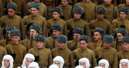 Uniformed Russian soldiers in formation, showcasing historical military attire and discipline during a ceremonial event.