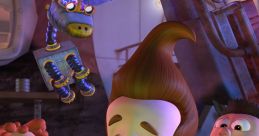 Jimmy Neutron and friends react with surprise to a wild invention in their lab, featuring a robot dog and colorful gadgets.