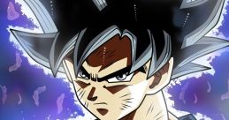 Goku from Dragon Ball, showcasing intense expression and spiky blue hair, surrounded by a dynamic energy aura.