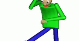 Baldi character dancing with a green shirt, blue pants, and a playful expression, embodying the "Oh God Baldi" meme.