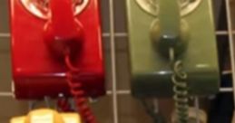 Colorful retro telephones hanging on a rack, featuring red, green, yellow, and brown designs with coiled cords.