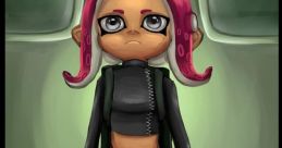 Octoling Girl with pink tentacle hair, dressed in black attire, stands against a green-lit background, showcasing her unique style.