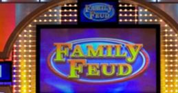 Family Feud game show set featuring vibrant colors and illuminated podiums, showcasing an iconic quiz competition setup.