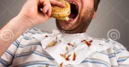 Man enjoying a messy burger, showcasing a humorous take on fast food indulgence and carefree eating.