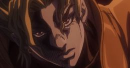 Dio Brando from JJBA with striking features, wearing an orange outfit, exudes charisma and menace in this scene.