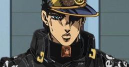 Jotaro Kujo from JJBA in stylish streetwear, showcasing a black jacket with unique logos and a distinctive hat.