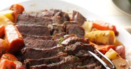 Savory roast beef sliced and served with carrots, potatoes, and herbs on a white platter, perfect for family dinners.