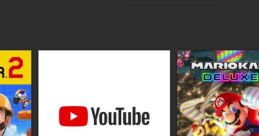 Nintendo Switch home screen displaying game icons, including YouTube and Mario Kart Deluxe, with system settings option.