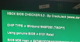 Xbox BIOS Checker 5.0 displaying chip type and genuine BIOS info for Xbox One, featuring reboot instructions.