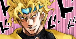 Dio Brando poses confidently with a menacing smile, wearing a yellow coat and striking a dramatic gesture.