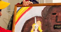 Man holding a bizarre painting featuring a mythical creature, blending elements of humor and absurdity in art.