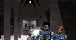 Intense gameplay scene from GoldenEye N64 featuring soldiers in action with firearms in a sci-fi environment.