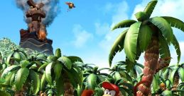 Donkey Kong and Diddy Kong explore a vibrant jungle landscape with exotic wildlife and a fiery volcano in the background.