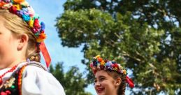 Young girls in traditional Polish costumes celebrate with floral crowns, showcasing vibrant culture and joyful expression.