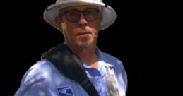 Postal worker in a blue uniform holding mail and documents, wearing glasses and a white hat, ready to deliver.