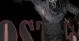 Ghostface character in a bloody outfit, wielding a weapon, ominously posed against a dark background with the word "Ghostface.