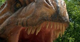 Detailed close-up of a roaring dinosaur sculpture showcasing sharp teeth and textured skin in a lush green environment.