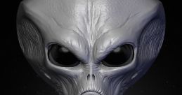 Realistic depiction of a grey alien character with large black eyes and textured skin, highlighting extraterrestrial features.