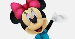 Minnie Mouse in a blue shirt and pink bow, showcasing her cheerful personality from Disney Magical World: Voices (3DS).