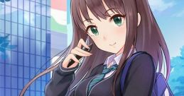 Anime girl in a school uniform smiling, holding a phone, with a vibrant urban background. Perfect for Hentai art enthusiasts.