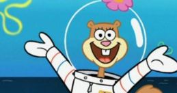 Sandy Cheeks happily surfing in her space suit, showcasing her adventurous spirit and Texas charm in Bikini Bottom.