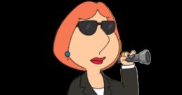 Lois Griffin in a sleek FBI outfit, using a magnifying glass, adds intrigue to "Family Guy: The Quest for Stuff.