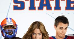 Cast of "Blue Mountain State" showcasing school spirit with cheerleaders and football players in vibrant uniforms.