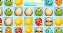 Colorful match-3 puzzle grid in Farm Heroes Saga featuring eggs, fruits, and cheerful characters with various effects.