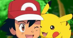 Ash and Pikachu share a joyful moment in a lush green forest, showcasing their iconic bond and adventurous spirit.