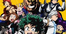 My Hero Academia characters Deku, Bakugo, and All Might showcase their unique quirks in an action-packed scene.