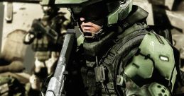 Halo Marine in tactical gear aiming a weapon in a combat environment, showcasing futuristic military design and action.