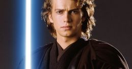 Anakin Skywalker in Jedi robes, holding a blue lightsaber, embodying the essence of the Force and Destiny.