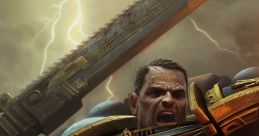 Angry Warhammer 40k Space Marine wielding a chainsword, adorned in golden armor, under a stormy sky.