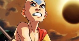 Aang prepares to battle with his staff, surrounded by friends, as the dark moon rises in "Avatar: The Last Airbender.