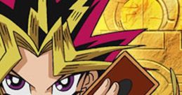 Yugi Moto from Yu-Gi-Oh! holds duel cards with a confident smile, set against a glowing ancient background.