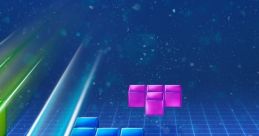 Colorful Tetris blocks in various shapes and sizes, stacked on a glowing grid background, showcasing vibrant gameplay.