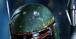 Close-up of Boba Fett’s iconic helmet, showcasing battle wear and intricate details of the legendary bounty hunter's armor.