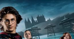 Harry Potter and friends stand at the water's edge, ready for adventure in the Goblet of Fire. Hogwarts looms in the background.