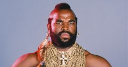 Mr. T flaunts his iconic style, showcasing an array of gold chains and fierce attitude, embodying 80s pop culture.