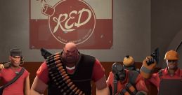 A group of Team Fortress 2 characters in front of a RED sign, showcasing their unique weapons and team spirit.