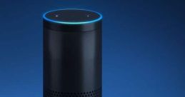 Amazon Alexa devices displayed against a dark blue background, featuring a tall speaker and a compact model with blue lights.