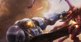 Battle between a Terran marine and Zerg alien, showcasing intense combat from the Starcraft universe.