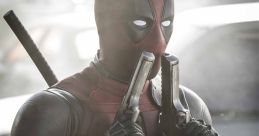 Deadpool holding two guns poses dramatically in a gritty urban setting, showcasing his iconic red and black costume.