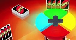 Colorful UNO card gameplay with rotating wheel and hand of cards, showcasing effects in mobile play. Fun and engaging experience!