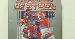 Blades of Steel NES game cover featuring hockey players in action, showcasing classic Konami graphics and Nintendo seal.