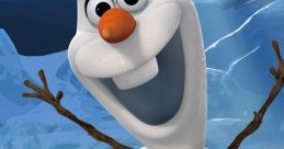 Cheerful Olaf from Frozen, a lovable snowman with a carrot nose, smiles against a snowy backdrop in Arendelle.