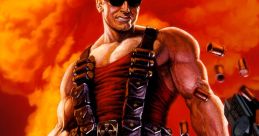 Duke Nukem 3D cover art featuring the iconic character in a dynamic pose with explosions and bullets. Classic 90s gaming.